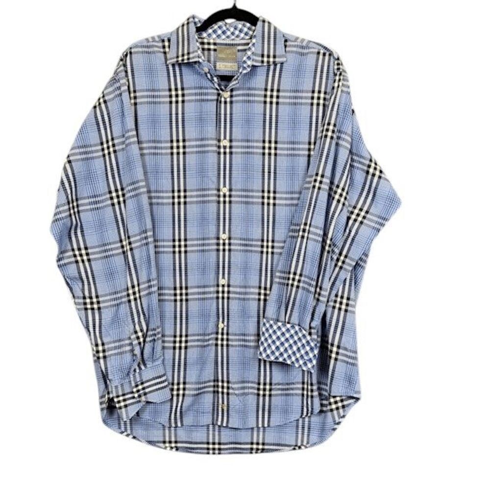 Thomas Dean Button Front Shirt Blue Plaid Contrast Flip Cuff Size‎ XL